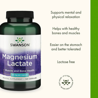 Swanson Magnesium Lactate Lactose-Free, 84 mg, 120 Capsules, 3 Pack
