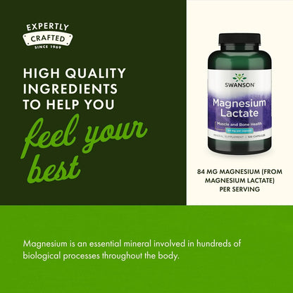 Swanson Magnesium Lactate Lactose-Free, 84 mg, 120 Capsules, 2 Pack
