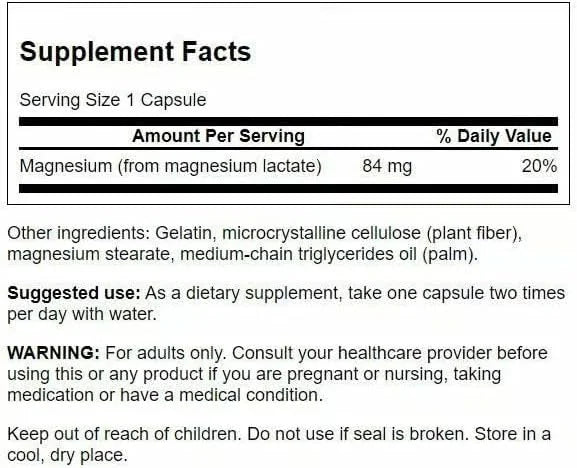 Swanson Magnesium Lactate Lactose-Free, 84 mg, 120 Capsules, 2 Pack