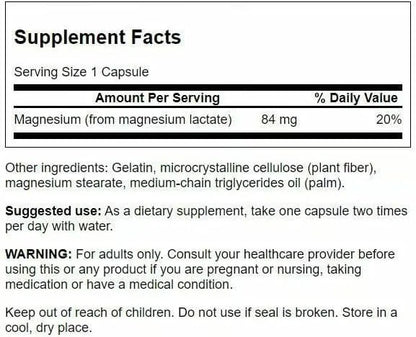 Swanson Magnesium Lactate Lactose-Free, 84 mg, 120 Capsules, 3 Pack