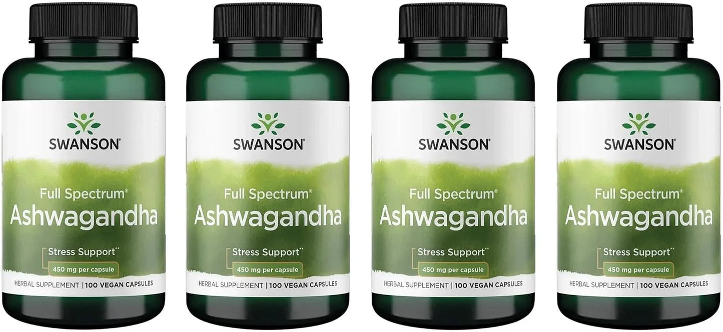 Swanson Ashwagandha Powder Supplement, 450 mg, 100 Capsules, 4 Pack