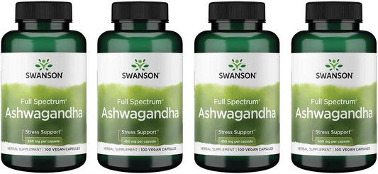 Swanson Ashwagandha Powder Supplement, 450 mg, 100 Capsules, 4 Pack