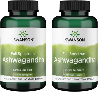 Swanson Ashwagandha Powder Supplement, 450 mg, 100 Capsules, 2 Pack