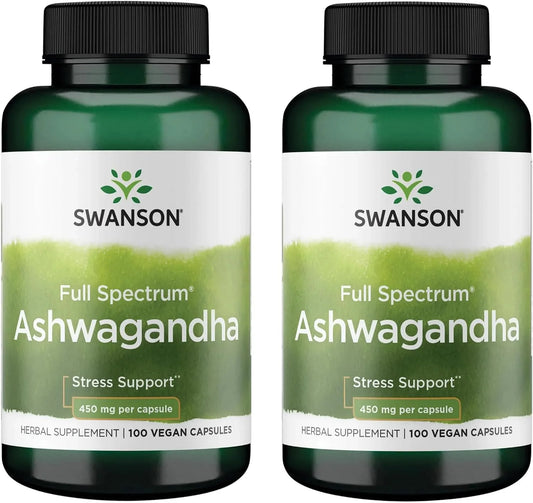 Swanson Ashwagandha Powder Supplement, 450 mg, 100 Capsules, 2 Pack