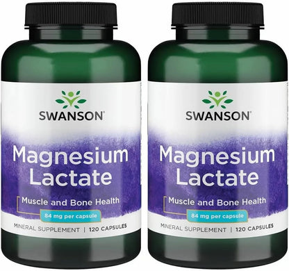 Swanson Magnesium Lactate Lactose-Free, 84 mg, 120 Capsules, 2 Pack