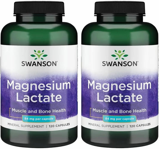 Swanson Magnesium Lactate Lactose-Free, 84 mg, 120 Capsules, 2 Pack
